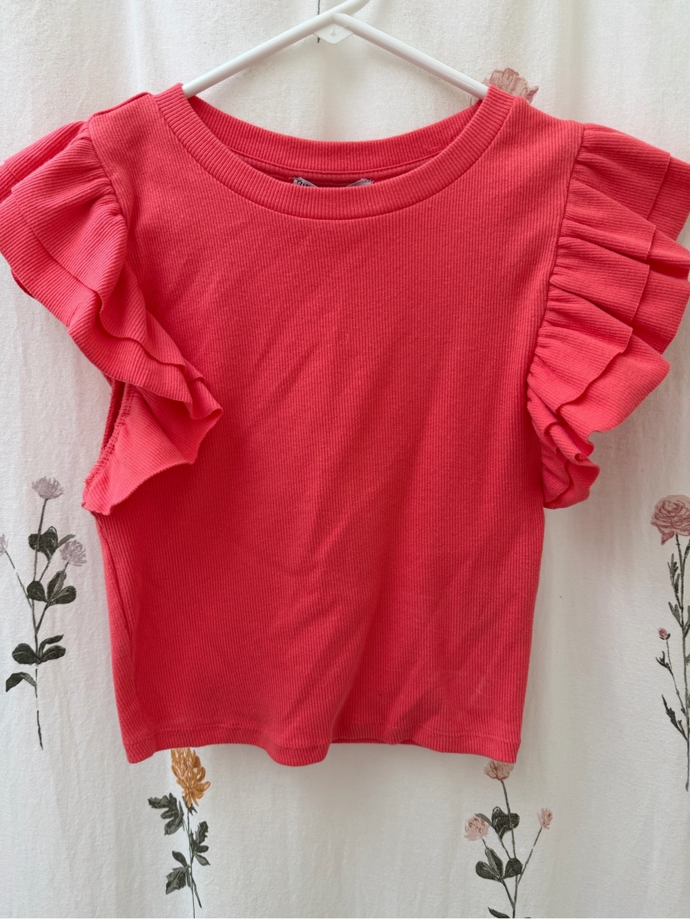 Zara Bright Coral Ruffle Sleeve Tee